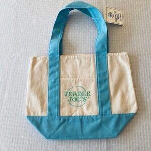 Trader Joes Mini Pastel Canvas Tote Bag Blue Cream NWT Limited Edition Mini Tote